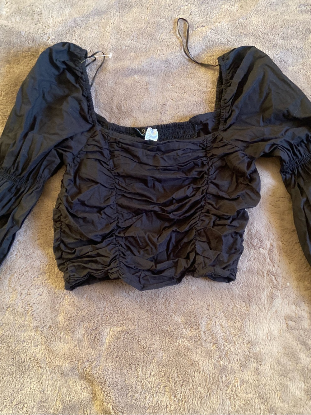 H&M Black Ruched Square-Neck Long-Sleeve Top